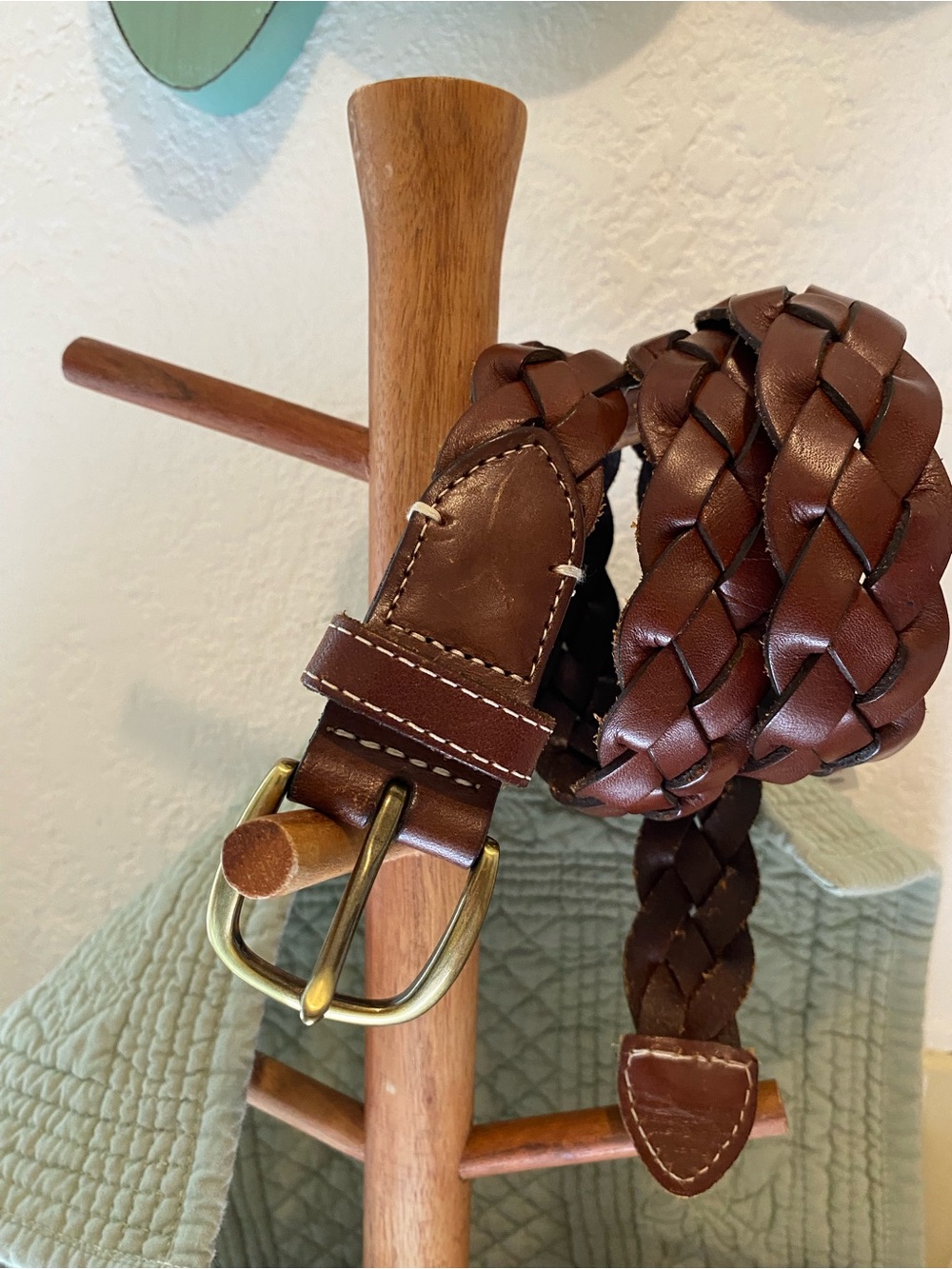LANDS END Women’s “Braided Leather Belt w/Brass Buckle” Size M (24-26) Brown EUC